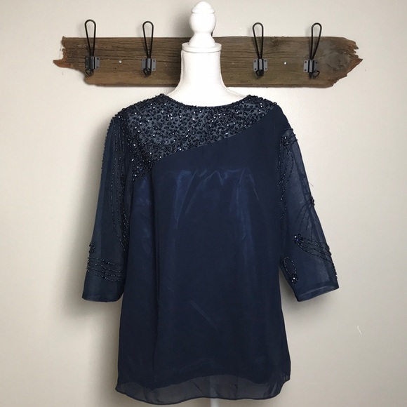 Tops - Beaded Navy Top Full Zip Back